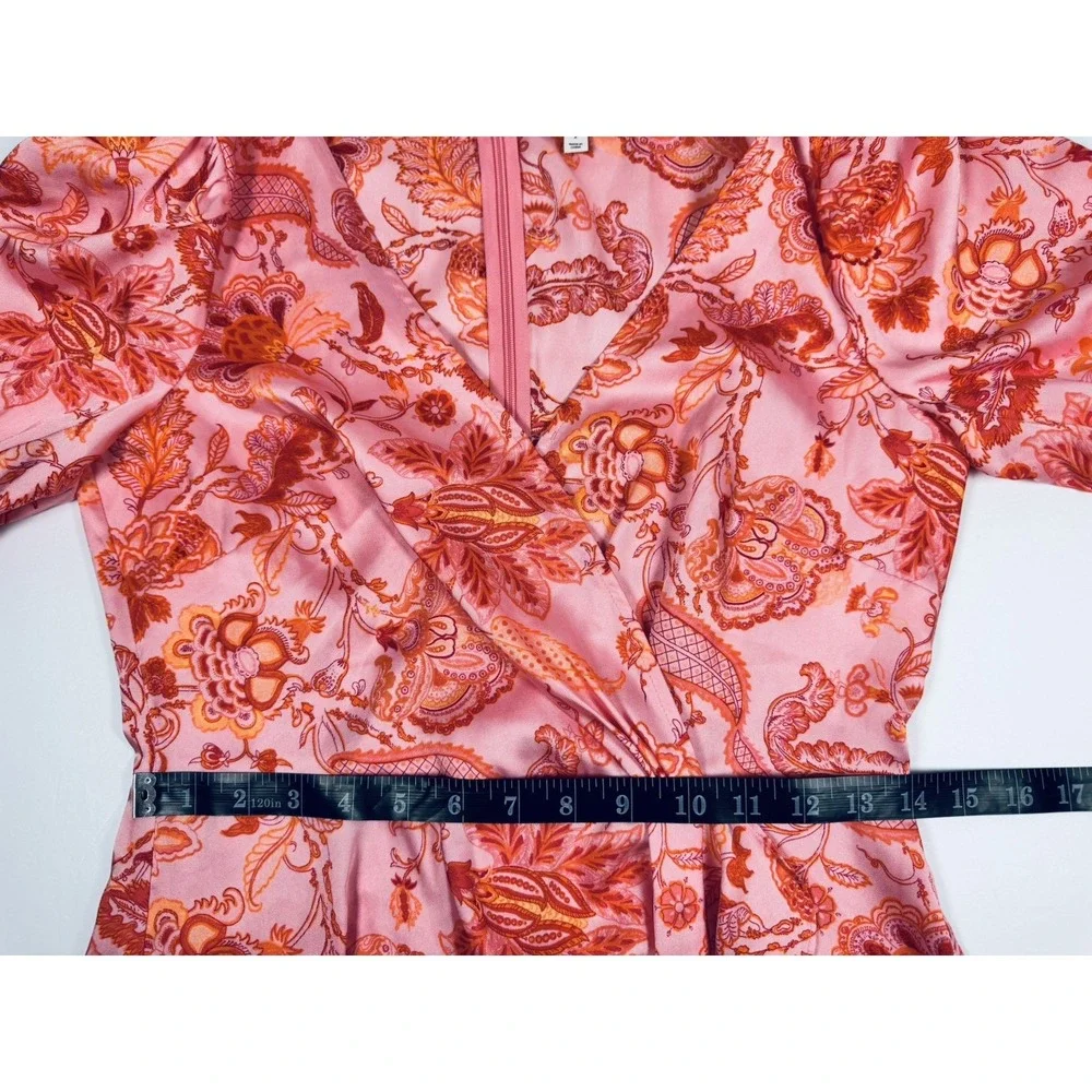 5a7 Cinq a Sept Kay Midi Dress Size 2 Pink Orange Floral Ruffle Faux Wrap Party
